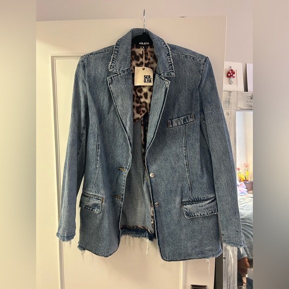 SER.O.YA Jackets & Blazers - SER.O.YA Hollis Blazer Distressed Blue Denim Jacket with Leopard Lining